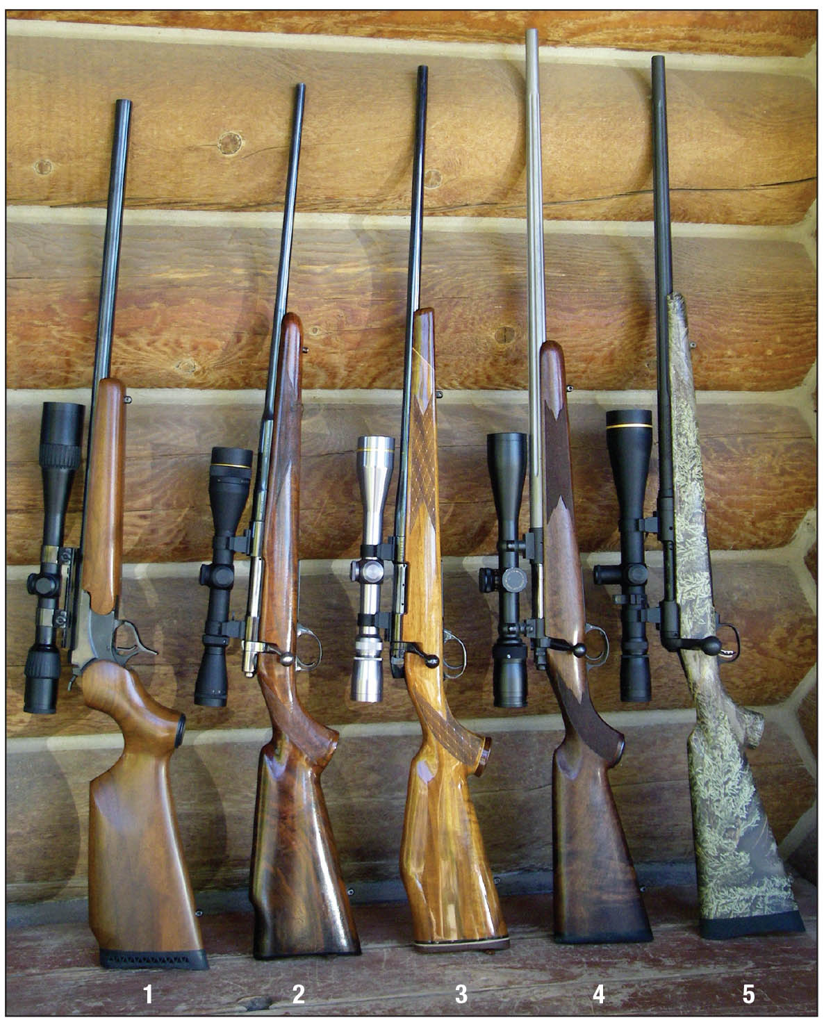 The .22-250 is chambered by many rifle manufacturers. Examples include a (1) Thompson/Center Arms Encore, (2) Browning High Power with Sako action, (3) Weatherby Mark V Varmint Master, (4) Kimber 84M and a (5) Savage Model 10.
